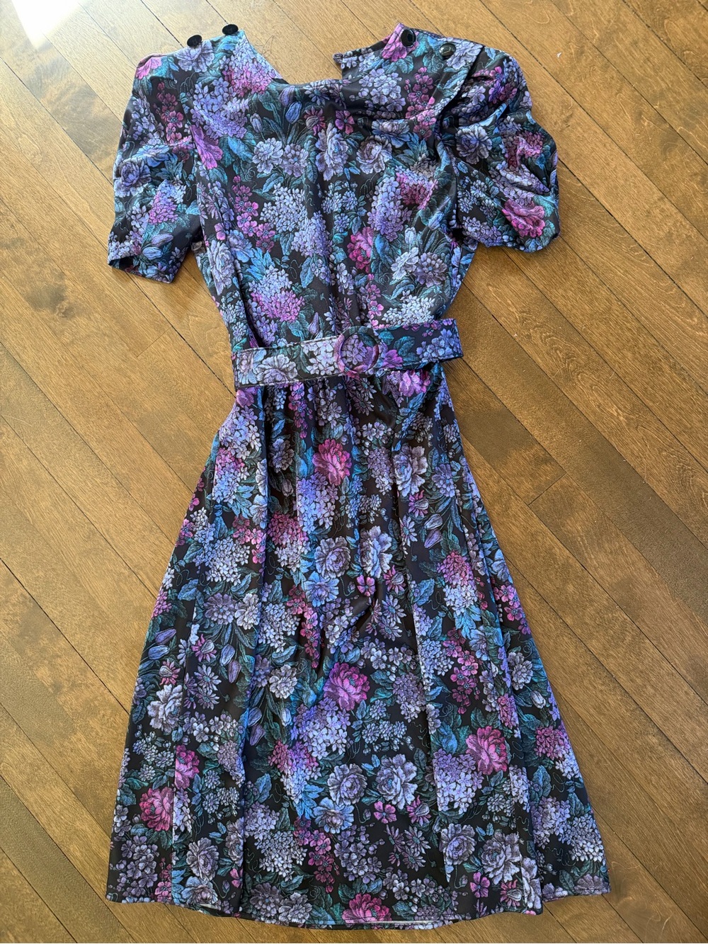 Vintage Floral Puff-Sleeve Midi Dress — Black with Purple & Blue Floral